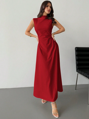 ELEGANT RUCHED STAND COLLAR SLEEVELESS A-LINE MAXI DRESS