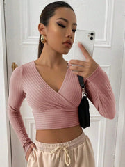 SURPLICE NECK RIB-KNIT CROP TEE
