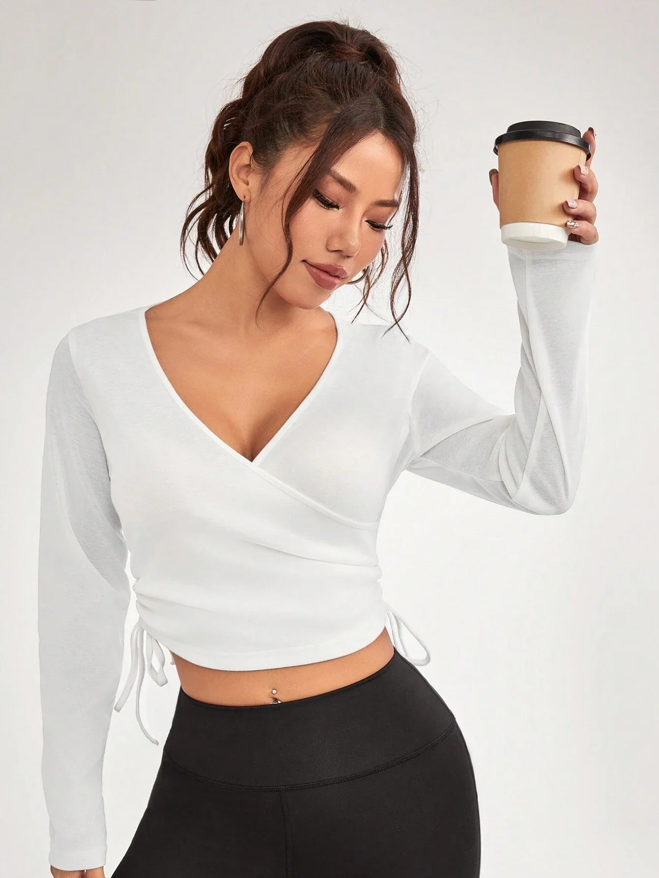 V NECK LONG SLEEVE WRAP TOP FOR SPORTS AND LEISURE