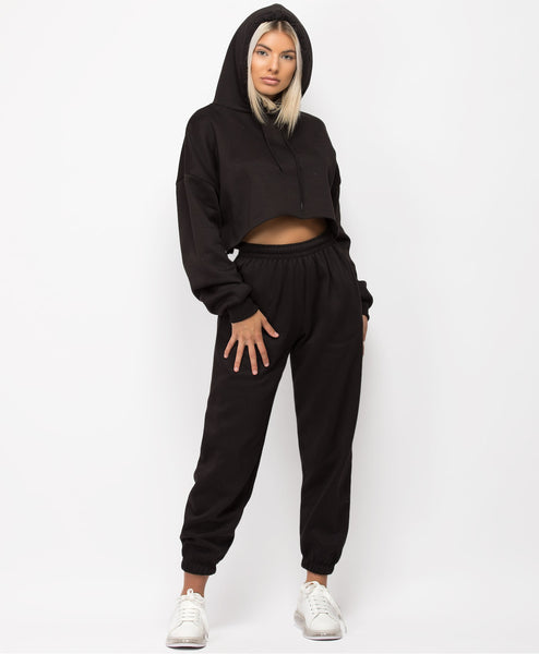 OVERSIZED CROPPED HOODIE & JOGGERS LOUNGEWEAR SET- BLACK – Rising