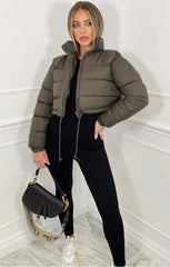 PADDED CROP PUFFER JACKET- OLIVE GREEN