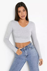 LONG SLEEVE V NECK TOP-GREY