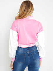 PINK VARSITY SLOGAN CONTRAST SLEEVE BOMBER JACKET