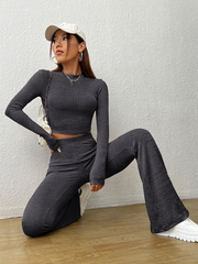 SUMMER OUTFITS RIBBED KNIT CROP TOP & FLARE LEG PANTS