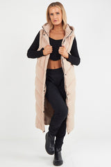 LADIES LONG PADDED HOODED VEST JACKET-BEIGE