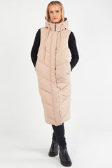 LADIES LONG PADDED HOODED VEST JACKET-BEIGE