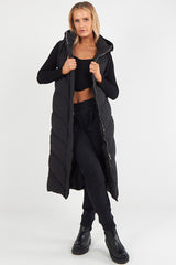 LADIES LONG PADDED HOODED VEST JACKET-BLACK