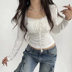 LONG SLEEVE SQUARE-NECK LACE-TRIM RUCHED PLAIN SLIM-FIT CROP TOP