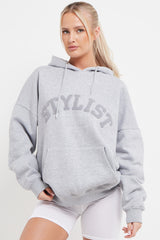 GREY STYLIST SLOGAN OVERSIZED HOODIE