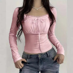 LONG SLEEVE SQUARE-NECK LACE-TRIM RUCHED PLAIN SLIM-FIT CROP TOP