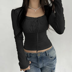 LONG SLEEVE SQUARE-NECK LACE-TRIM RUCHED PLAIN SLIM-FIT CROP TOP