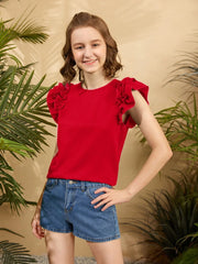 TEEN GIRLS' FITTED KNIT TOP WITH ROUND NECK AND RUFFLE TRIM DETAIL