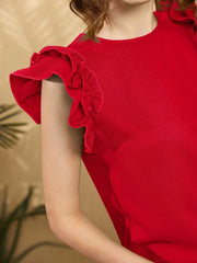 TEEN GIRLS' FITTED KNIT TOP WITH ROUND NECK AND RUFFLE TRIM DETAIL