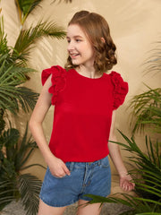 TEEN GIRLS' FITTED KNIT TOP WITH ROUND NECK AND RUFFLE TRIM DETAIL