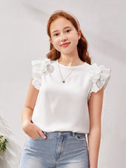 TEEN GIRLS' FITTED KNIT TOP WITH ROUND NECK AND RUFFLE TRIM DETAIL