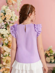 TEEN GIRLS' FITTED KNIT TOP WITH ROUND NECK AND RUFFLE TRIM DETAIL