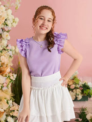 TEEN GIRLS' FITTED KNIT TOP WITH ROUND NECK AND RUFFLE TRIM DETAIL