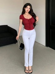 Solid Round Neck Ribbed Knit  Short Sleeve T-Shirt