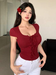 Solid Round Neck Ribbed Knit  Short Sleeve T-Shirt