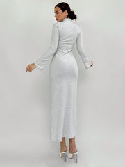 WOMEN'S HOLLOW-OUT FITTED RIB-KNIT LONG SLEEVE DRESS