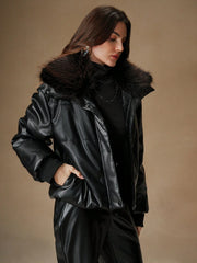 BLACK FLUFFY COLLAR LEATHER JACKET