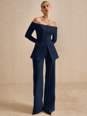 OFF SHOULDER SOLID COLOR BLAZER & LOOSE STRAIGHT LEG PANTS SUIT