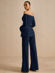 OFF SHOULDER SOLID COLOR BLAZER & LOOSE STRAIGHT LEG PANTS SUIT