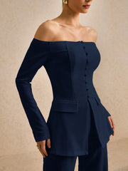 OFF SHOULDER SOLID COLOR BLAZER & LOOSE STRAIGHT LEG PANTS SUIT