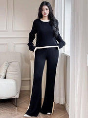 WOMEN CASUAL RIBBED KNIT SWEATER AND PANTS SET