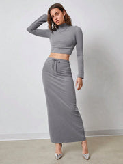 MOCK NECK LONG SLEEVES CROP TEE & DRAWSTRING WAIST LONG SKIRT