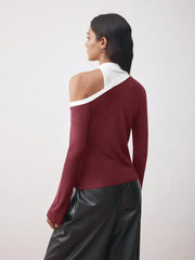 ASYMMETRIC CUT-OUT SHOULDER FITTED KNIT TOP OFF THE SHOULDER SHIRT