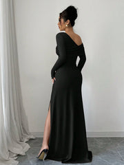 WOMEN'S RUFFLE WAIST ONE-SHOULDER LONG SLEEVE SLIT BODYCON