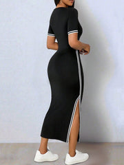 Bodycon Asymmetric Hem Slit V-Neck Short Sleeve