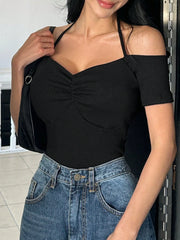 HALTERNECK SHORT SLEEVE SLIM FIT CASUAL TOP