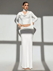 MINIMALIST COWL NECK LONG SLEEVE TOP WITH LOW WAIST RUCHED A-LINE MINI SKIRT