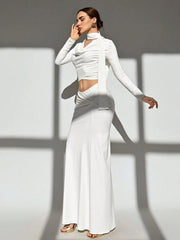 MINIMALIST COWL NECK LONG SLEEVE TOP WITH LOW WAIST RUCHED A-LINE MINI SKIRT