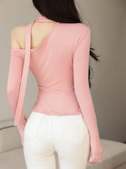 ASYMMETRICAL OPEN SHOULDER TIE NECK LONG SLEEVE TOP