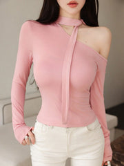 ASYMMETRICAL OPEN SHOULDER TIE NECK LONG SLEEVE TOP