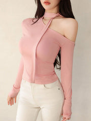 ASYMMETRICAL OPEN SHOULDER TIE NECK LONG SLEEVE TOP