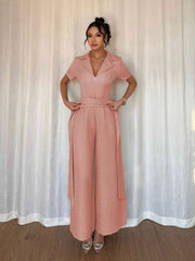 Women's Casual Jumpsuit With Drawstring Waist And Short Sleeves