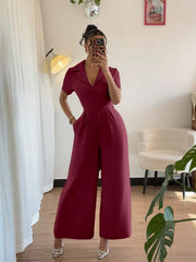 Women's Casual Jumpsuit With Drawstring Waist And Short Sleeves