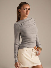 BOAT NECK RAGLAN SLEEVE RUCHED ASYMMETRICAL HEM TOP