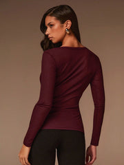ROUND NECKLINE LONG SLEEVES WAIST TIE DETAIL TOP