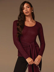 ROUND NECKLINE LONG SLEEVES WAIST TIE DETAIL TOP