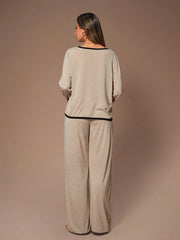 V-NECK LONG SLEEVE CONTRAST TRIM PAJAMA SET