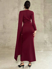 LONG SLEEVE RUFFLE TRIM ROUND NECK WAIST PLEATED BODYCON