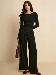 ASYMMETRIC TIE-SHOULDER SLIM-FIT TOP & FLOWY WIDE-LEG TROUSER
