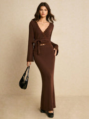 LACE-TRIM WRAP TOP WITH TIE WAIST & HIGH-WAISTED SKIRT