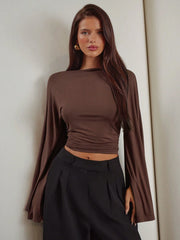 SOLID COLOR BELL SLEEVE CROPPED TOP
