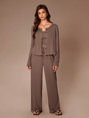 WOMEN SOLID COLOR CASUAL 3PCS LOUNGEWEAR SET